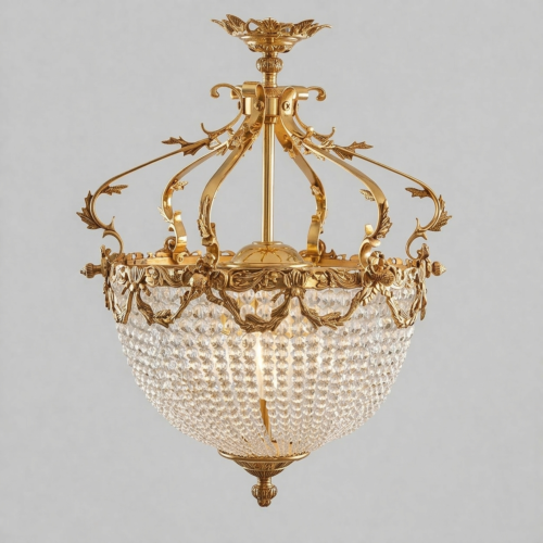 Neoclassical Brass Crystal Empire Basket Chandelier with Acanthus Crown Arms Brass and Wood Gold Front | Brass & Wood