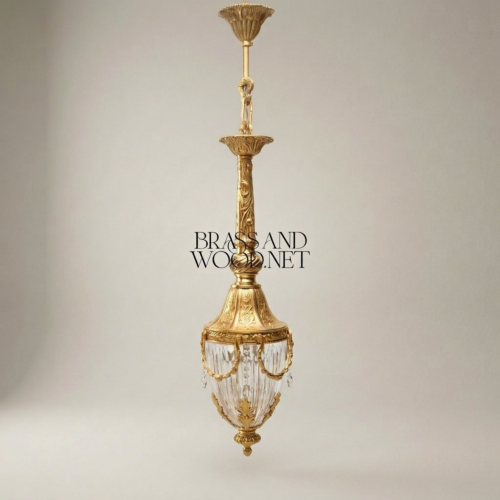 Neoclassical Brass Crystal Urn-Form Pendant Lantern with Swag Mounts Brass and Wood Gold Front | Brass & Wood