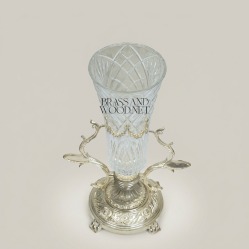 Neoclassical Handcrafted Crystal Trumpet Vase on Ornate Foliate Brass Stand Silver Front | Brass & Wood