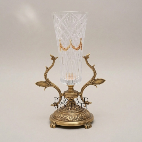 Neoclassical Handcrafted Crystal Trumpet Vase on Ornate Foliate Brass Stand Antique Gold Front | Brass & Wood