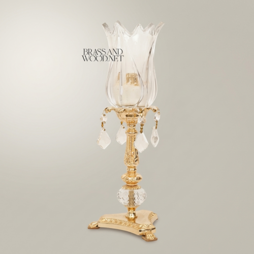 Neoclassical Brass Crystal Tulip Candle Holder with Ball Stem and Pendant Crystal Drops Gold Front | Brass & Wood