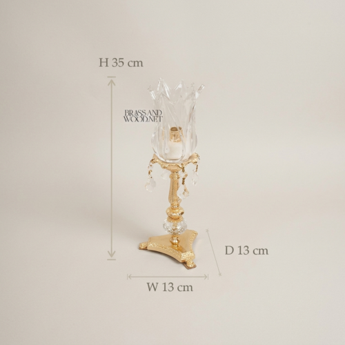 Neoclassical Brass Crystal Tulip Candle Holder with Ball Stem and Pendant Crystal Drops Gold Front | Brass & Wood