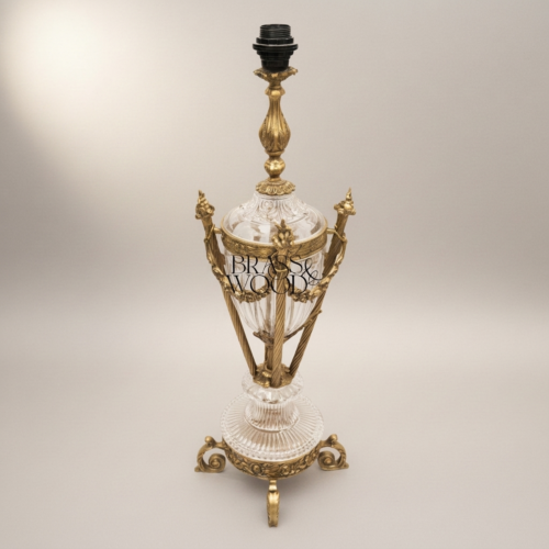 Neoclassical Brass Crystal Urn Table Lamp Ornate Fluted Body Rose Garland Scroll Feet Brass and Wood Antique Gold Front | Brass & Wood