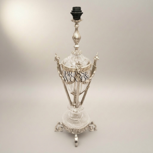 Neoclassical Brass Crystal Urn Table Lamp Ornate Fluted Body Rose Garland Scroll Feet Brass and Wood Silver Front | Brass & Wood