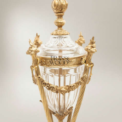 Neoclassical Brass Crystal Urn Table Lamp Ornate Fluted Body Rose Garland Scroll Feet Brass and Wood Gold Front | Brass & Wood
