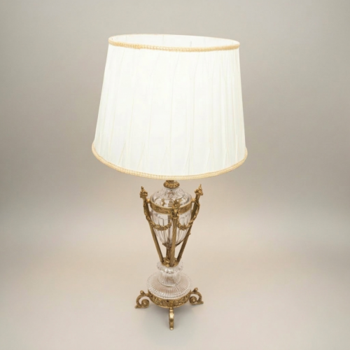 Neoclassical Brass Crystal Urn Table Lamp Ornate Fluted Body Rose Garland Scroll Feet Brass and Wood Antique Gold Front | Brass & Wood