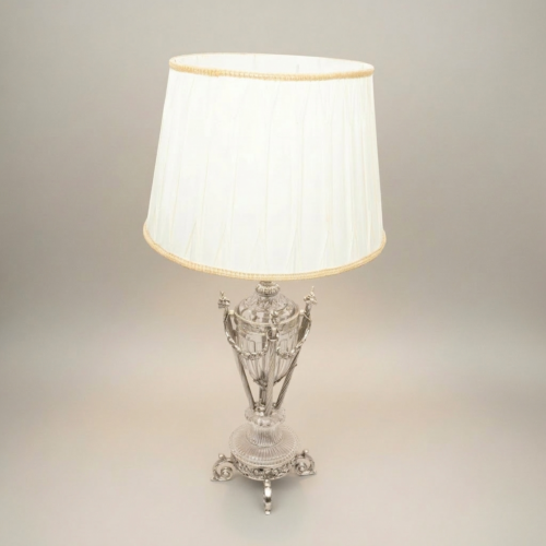 Neoclassical Brass Crystal Urn Table Lamp Ornate Fluted Body Rose Garland Scroll Feet Brass and Wood Silver Front | Brass & Wood
