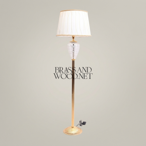 Neoclassical Brass Floor Lamp Engraved Crystal Urn Pleated Off-White Shade Brass and Wood Gold Front | Brass & Wood