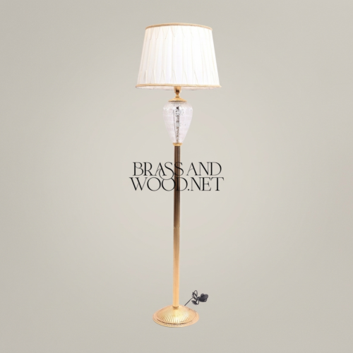Neoclassical Brass Floor Lamp Engraved Crystal Urn Pleated Off-White Shade Brass and Wood Gold Front | Brass & Wood