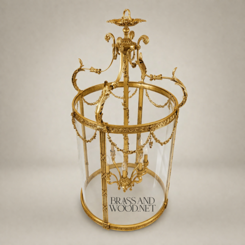 Neoclassical Cylindrical Brass and Glass Hall Lantern with Swag Garland Frieze and Candle Bulbs Gold Front | Brass & Wood