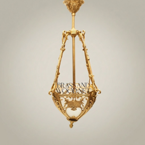 Neoclassical Handcrafted Brass Pendant Lantern Acanthus Scroll Frame Frosted Glass Bowl Brass and Wood Gold Front | Brass & Wood