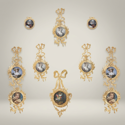 Neoclassical Handcrafted Brass Portrait Frame Set Bow Laurel Medallion Surround Brass and Wood Gold Front | Brass & Wood