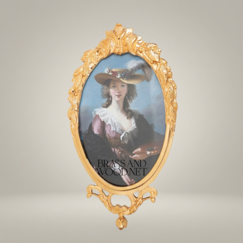 Neoclassical Handcrafted Brass Portrait Frame Set Bow Laurel Medallion Surround Brass and Wood Gold Front | Brass & Wood