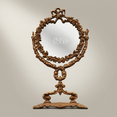 مرآة طاولة نحاسية نيوكلاسيكية - إطار إكليل الغار مع ربطة على قاعدة - Antique Gold