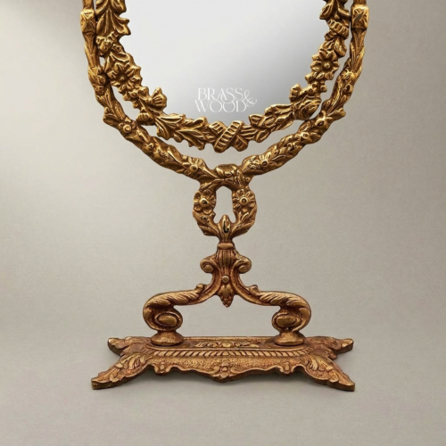 مرآة طاولة نحاسية نيوكلاسيكية - إطار إكليل الغار مع ربطة على قاعدة - Gold