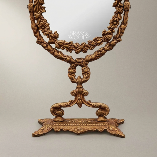 مرآة طاولة نحاسية نيوكلاسيكية - إطار إكليل الغار مع ربطة على قاعدة - Antique Gold
