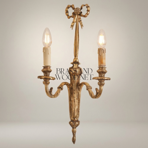 أبليك حائطي كلاسيكي من النحاس بذراعين مزدوجين وتاج ربطة الشريط - Antique Gold
