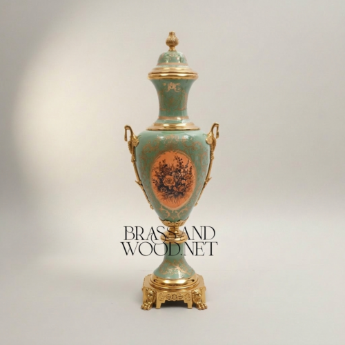Neoclassical Celadon Ceramic Lidded Urn Vase Gilt Brass Mounts Floral Medallion Brass and Wood Gold Front | Brass & Wood