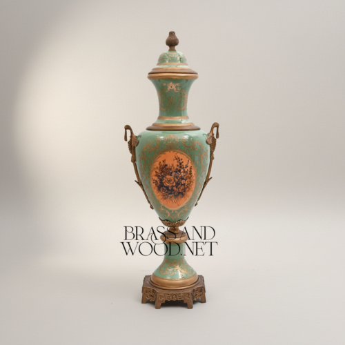 Neoclassical Celadon Ceramic Lidded Urn Vase Gilt Brass Mounts Floral Medallion Brass and Wood Antique Gold Front | Brass & Wood