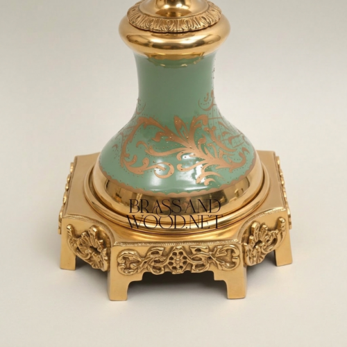 Neoclassical Celadon Ceramic Lidded Urn Vase Gilt Brass Mounts Floral Medallion Brass and Wood Gold Front | Brass & Wood