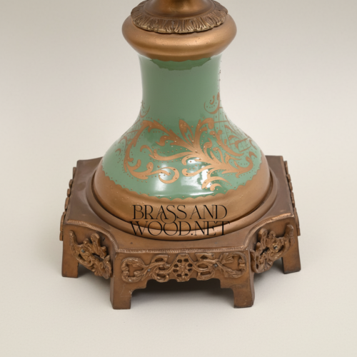 Neoclassical Celadon Ceramic Lidded Urn Vase Gilt Brass Mounts Floral Medallion Brass and Wood Antique Gold Front | Brass & Wood