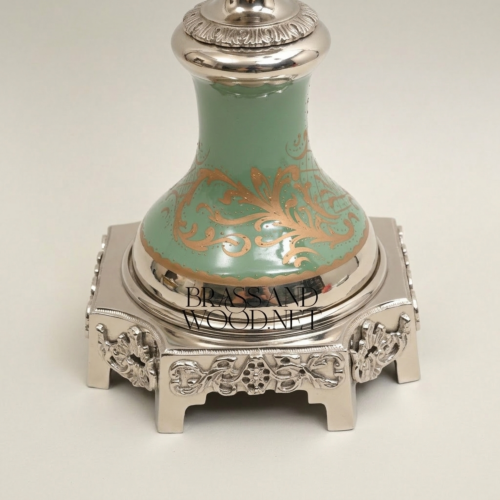 Neoclassical Celadon Ceramic Lidded Urn Vase Gilt Brass Mounts Floral Medallion Brass and Wood Silver Front | Brass & Wood