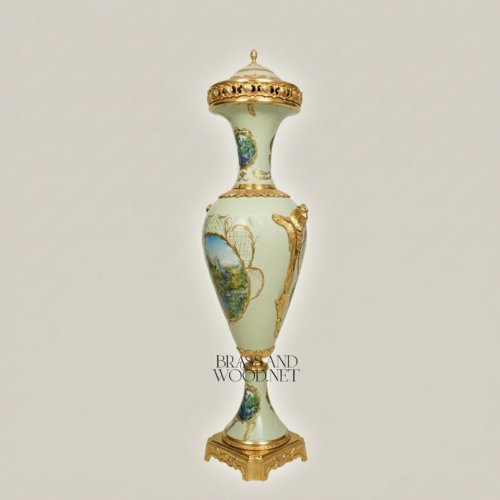 Neoclassical Celadon Ceramic Lidded Urn Vase Hand-Painted Landscape Brass Mounts Brass and Wood Gold Front | Brass & Wood