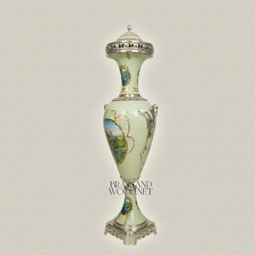 Neoclassical Celadon Ceramic Lidded Urn Vase Hand-Painted Landscape Brass Mounts Brass and Wood Silver Front | Brass & Wood