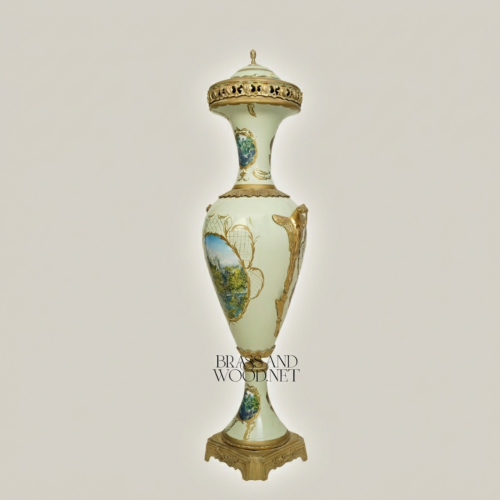 Neoclassical Celadon Ceramic Lidded Urn Vase Hand-Painted Landscape Brass Mounts Brass and Wood Antique Gold Front | Brass & Wood