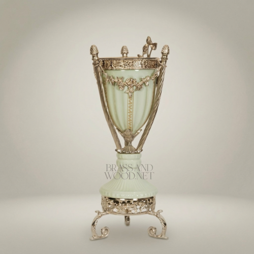 Neoclassical Celadon Ceramic Urn Gilt Ormolu Mounts Swagged Garlands Pierced Tripod Stand Brass and Wood Silver Front | Brass & Wood