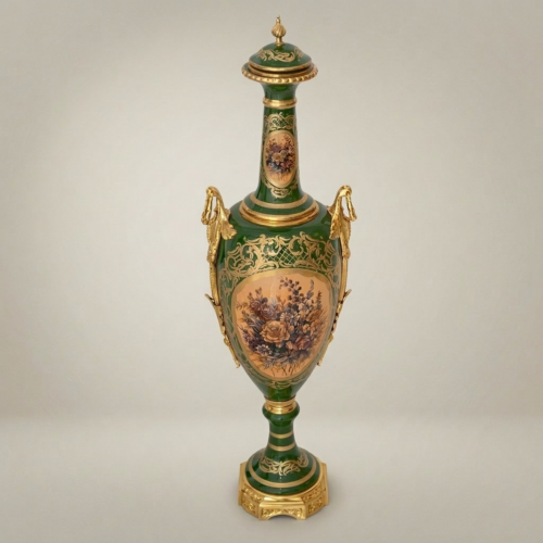 Neoclassical Ceramic Covered Urn Vase Emerald Green Floral Medallion Brass Mounts Brass and Wood Gold Front | Brass & Wood