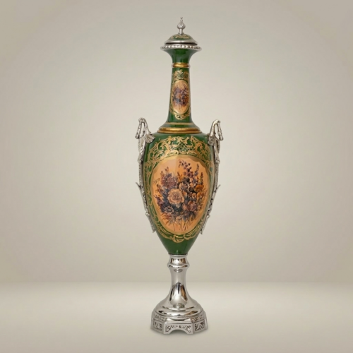 Neoclassical Ceramic Covered Urn Vase Emerald Green Floral Medallion Brass Mounts Brass and Wood Silver Front | Brass & Wood