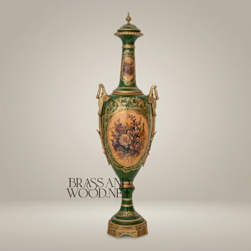 Neoclassical Ceramic Covered Urn Vase Emerald Green Floral Medallion Brass Mounts Brass and Wood Antique Gold Front | Brass & Wood