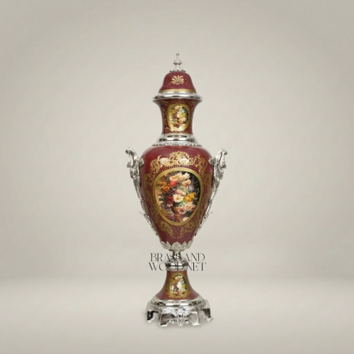 Neoclassical Wine Red Ceramic Covered Urn Vase Hand-Painted Floral Medallion Brass Mounts Brass and Wood Silver Front | Brass & Wood