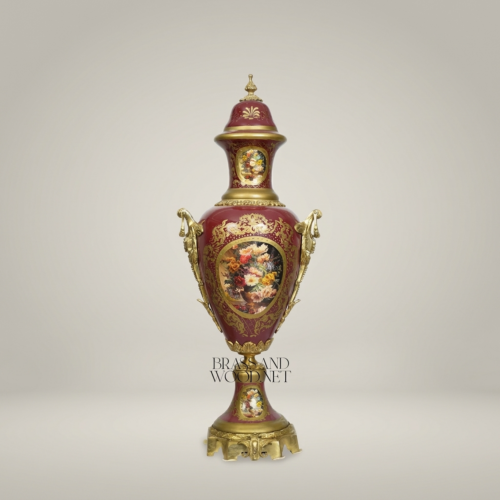 Neoclassical Wine Red Ceramic Covered Urn Vase Hand-Painted Floral Medallion Brass Mounts Brass and Wood Antique Gold Front | Brass & Wood