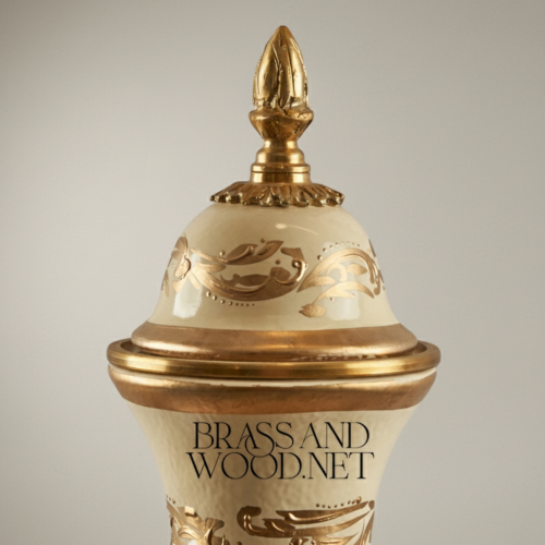 Neoclassical Ceramic Lidded Urn Vase Floral Medallion Ornate Brass Mounts Brass and Wood Antique Gold Side | Brass & Wood