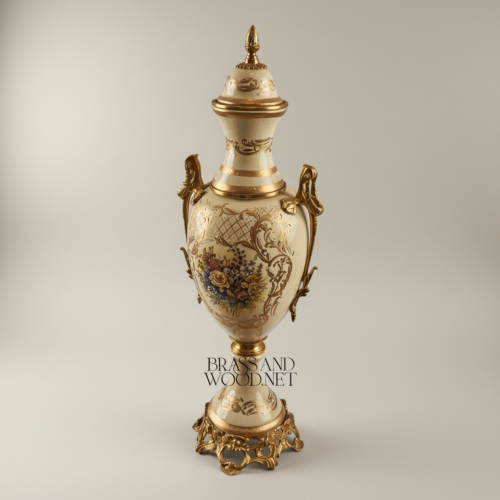 Neoclassical Ceramic Lidded Urn Vase Floral Medallion Ornate Brass Mounts Brass and Wood Antique Gold Side | Brass & Wood
