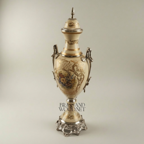 Neoclassical Ceramic Lidded Urn Vase Floral Medallion Ornate Brass Mounts Brass and Wood Silver Side | Brass & Wood
