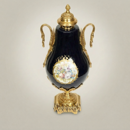 Neoclassical Cobalt Ceramic Brass Lidded Urn Vase Swan Handles Floral Medallion Brass and Wood Gold Front | Brass & Wood