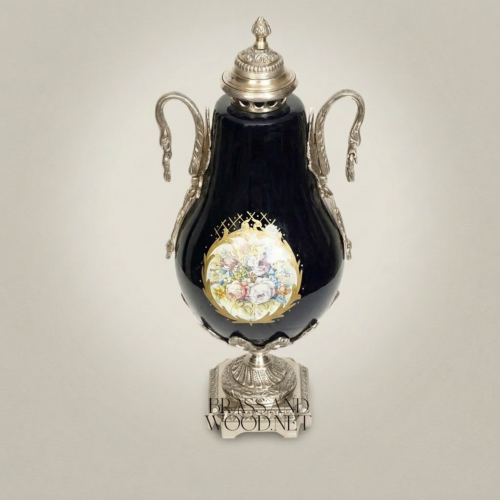 Neoclassical Cobalt Ceramic Brass Lidded Urn Vase Swan Handles Floral Medallion Brass and Wood Silver Front | Brass & Wood