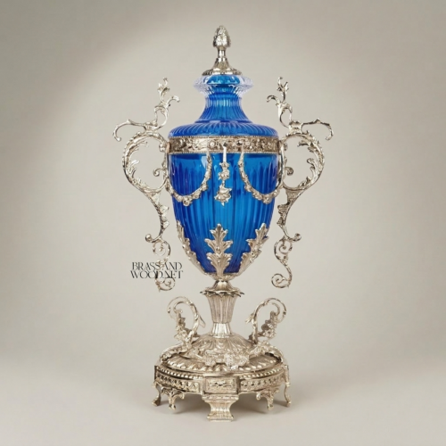 Neoclassical Cobalt Blue Crystal Lidded Urn Vase with Ornate Brass Swag Mounts and Scroll Handles Silver Front | Brass & Wood