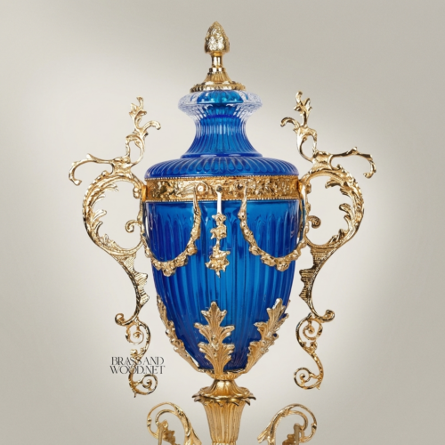 Neoclassical Cobalt Blue Crystal Lidded Urn Vase with Ornate Brass Swag Mounts and Scroll Handles Gold Front | Brass & Wood
