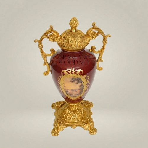 Neoclassical Covered Ceramic Urn Vase Wine Red with Gilt Brass Mounts Scenic Medallion Ornate Base Brass and Wood Gold Side | Brass & Wood