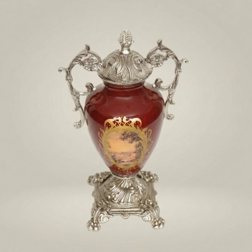 Neoclassical Covered Ceramic Urn Vase Wine Red with Gilt Brass Mounts Scenic Medallion Ornate Base Brass and Wood Silver Side | Brass & Wood