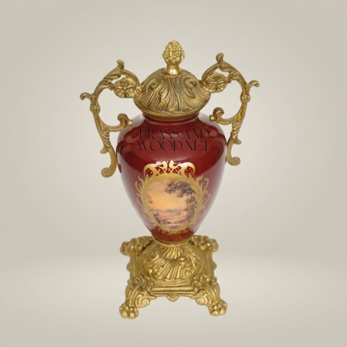 Neoclassical Covered Ceramic Urn Vase Wine Red with Gilt Brass Mounts Scenic Medallion Ornate Base Brass and Wood Antique Gold Side | Brass & Wood