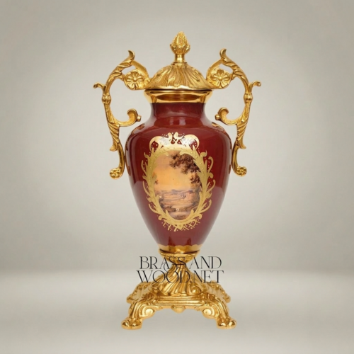 Neoclassical Covered Ceramic Urn Vase Wine Red with Gilt Brass Mounts Scenic Medallion Ornate Base Brass and Wood Gold Side | Brass & Wood