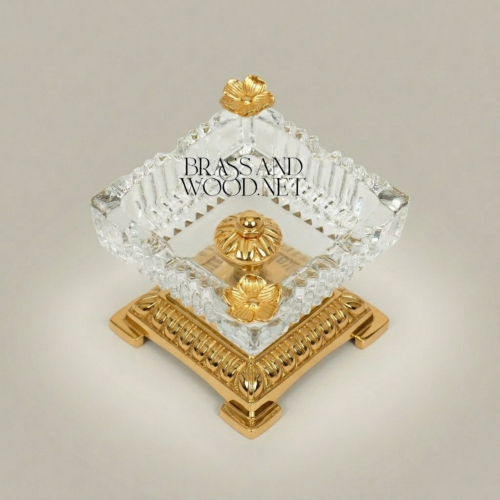 Neoclassical Crystal Ashtray Ornate Brass Base Butterfly Finials Brass and Wood Gold Side | Brass & Wood