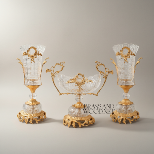 Neoclassical Hand-Cut Crystal Brass Vase Set Three Pieces Laurel Wreath Ormolu Mounts Gold Detail | Brass & Wood