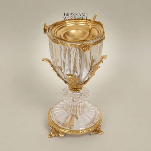 Neoclassical Faceted Crystal Brass Incense Burner Urn with Acanthus Leaf Mounts Gold Front | Brass & Wood