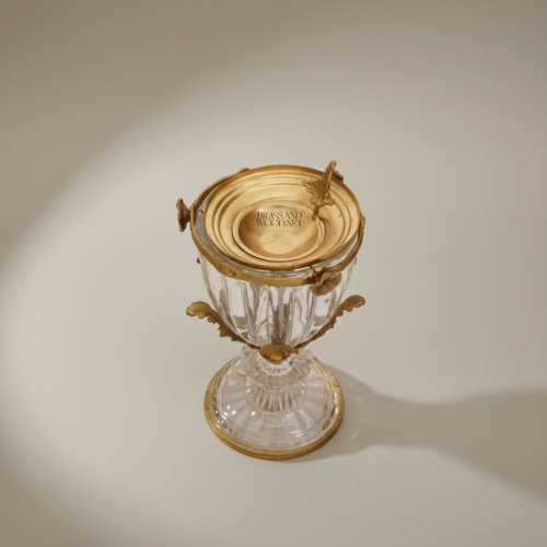 Neoclassical Faceted Crystal Brass Incense Burner Urn with Acanthus Leaf Mounts Antique Gold Front | Brass & Wood
